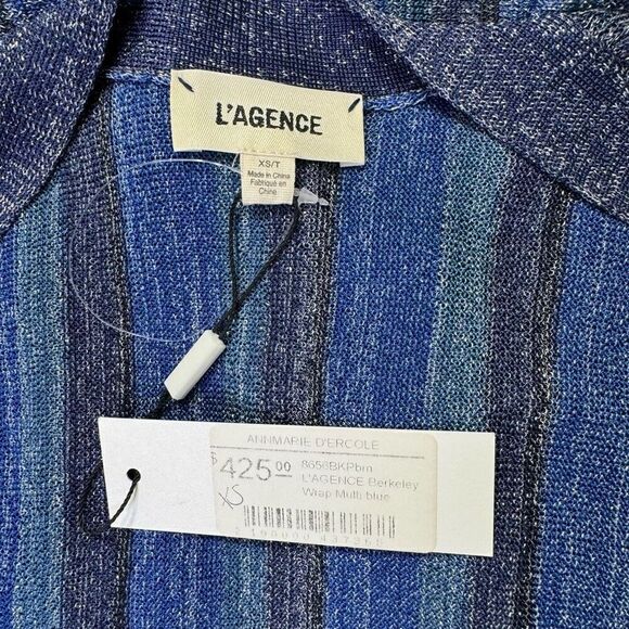 NWT L'Agence Knit Striped Tie Waist Berkeley Wrap Cardigan Blue Metallic Size XS - Picture 10 of 12